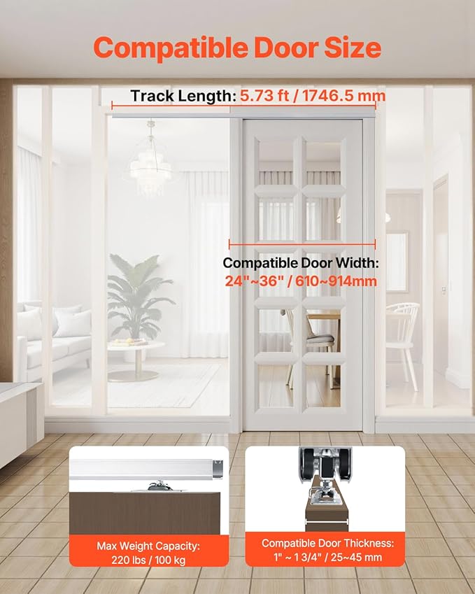 VEVOR Sliding Pocket Door Hardware Track Kit, 5.73ft Heavy Duty Pocket Door Hardware Kit, Commercial Grade Pocket Door Hardware and Track Set for 24"-36" Wide Single Door, Smoothly and Easy to Install