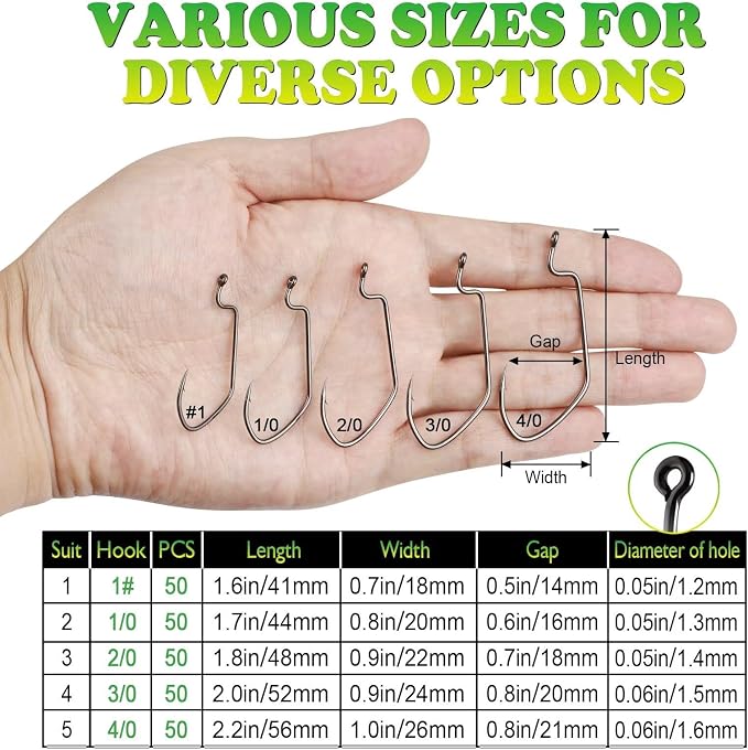 LUCKYFISHING EWG Hooks Worm Hooks for Bass Fishing 50PCS Offset Texas Rig for Freshwater Saltwater Size 1 1/0 2/0 3/0 4/0 5/0