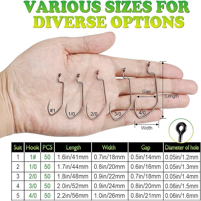 LUCKYFISHING EWG Hooks Worm Hooks for Bass Fishing 50PCS Offset Texas Rig for Freshwater Saltwater Size 1 1/0 2/0 3/0 4/0 5/0