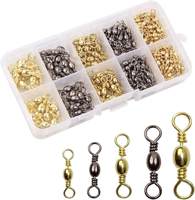 Fishing Barrel Swivels, 200pcs Rolling Ball Bearing Swivels with Solid Ring Fishing Tackle Accessories Hook Line Connector Copper with Stainless Steel Black & Gold Size 2 4 6 8 10