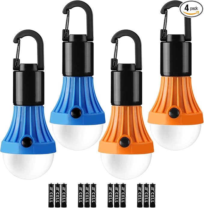 Lepro Portable LED Camping Lantern, Camping Essentials with 3 Lighting Modes, Hanging Tent Light Bulbs with Clip Hook for Camping, Hiking, Hurricane, Power Outages, Batteries Included, 4 Packs