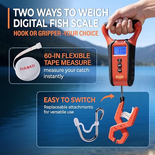 Fish Scale Floating Waterproof Digital Fishing Scale with Lip Grip, Replaceable Hook, LCD Display, 110lb Capacity, Auto Hold, Multiple Units(LB/OZ/KG), Included Measuring Tape – Ideal for Anglers
