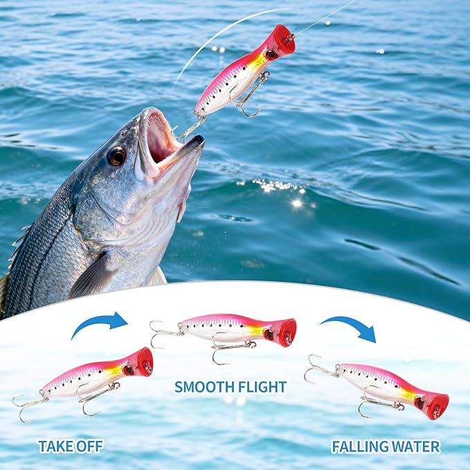 Large Top Water Popper Lure: 2pcs 3D Eyes Tuna Popper Saltwater Fishing Lures for Surf Fishing Gt Tuna Kingfish Large Predator Fish
