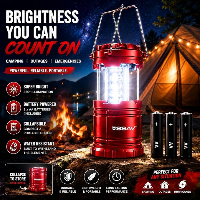 SSAV LED Camping Lantern, Emergency Lanterns for Power Outages & Hurricane Preparedness, Collapsible Portable Survival Lights for Camping, Storms & Emergencies, Batteries Included (2, Red)