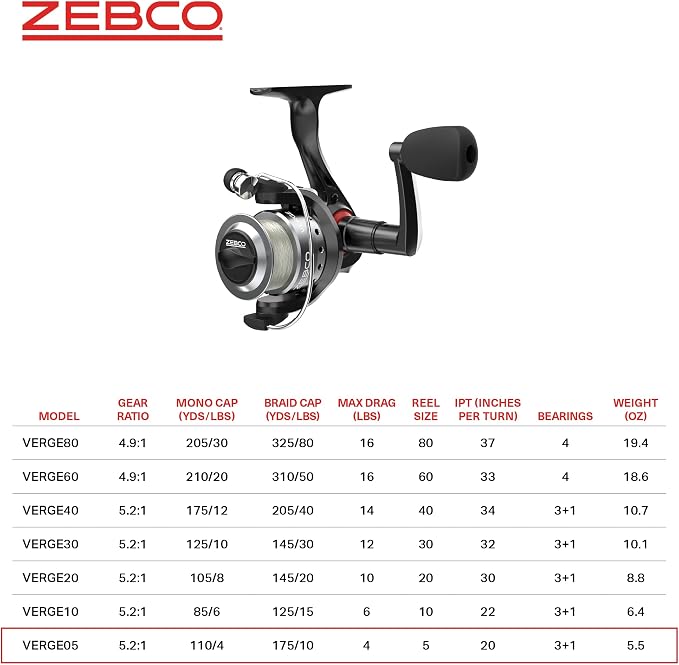 Zebco Verge Spinning Fishing Reel, Right or Left-Hand Retrieve, Pre-Spooled with Zebco Fishing Line, All-Metal Gears, TRU Balance Rotor, Black