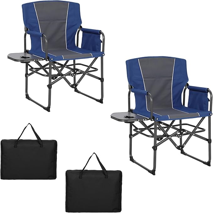 Oversized Camping Directors Chair, Portable Folding Lawn Chairs for Adults Heavy Duty with Side Table, Outdoor Foldable Camp Chair with Pocket for Beach, Fishing,Picnic (2, Blue/Grey, Oversized)