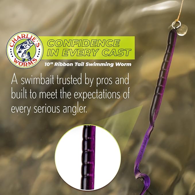 Charlie's Worms 10" Ribbon Tail Soft Plastic Worms for Bass Fishing, Freshwater & Saltwater Lures, Scented Swim Bait, Texas Rigged, Weedless, Large & Smallmouth, White Firetail, 6-Pack
