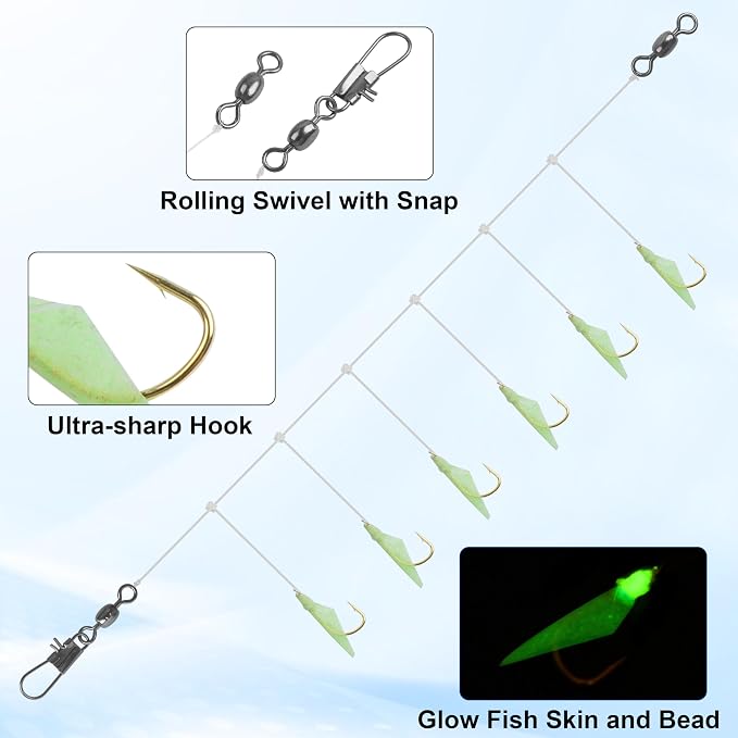 OROOTL Fishing Bait Rigs Saltwater, 6 Packs Surf Fishing Rigs with Sharp Hooks Fish Skin Feather Swivel Snap Glow Saltwater Lures Sea Bass Cod Herring Hook Rig Size 4 6 8