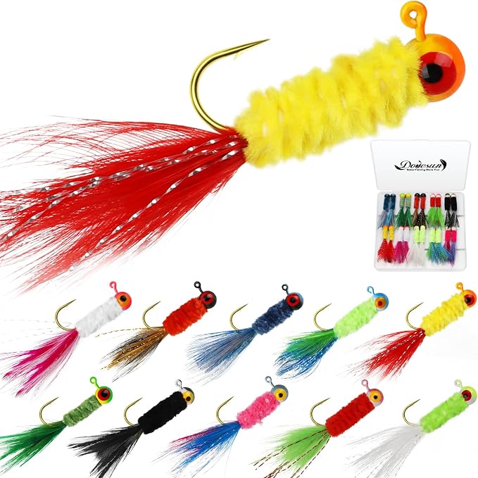 Dovesun Crappie Jigs, Jig Heads with Feather Hand-Tied Marabou Jigs Ice | Fly Fishing Lures 10 Colors 1/32oz 1/16oz 1/8oz Fishing Hair Jigs for Panfish Sunfish Walleye 20-40pcs