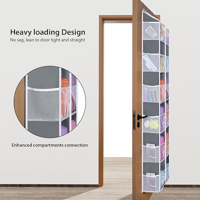 Univivi Over Door Hanging Yarn Storage Organizer, 6 Tiers Hanging Yarn Knitting Organizer with 12 Mesh Side Pockets for Crochet Accessories, Knitting Needles and Yarn Balls