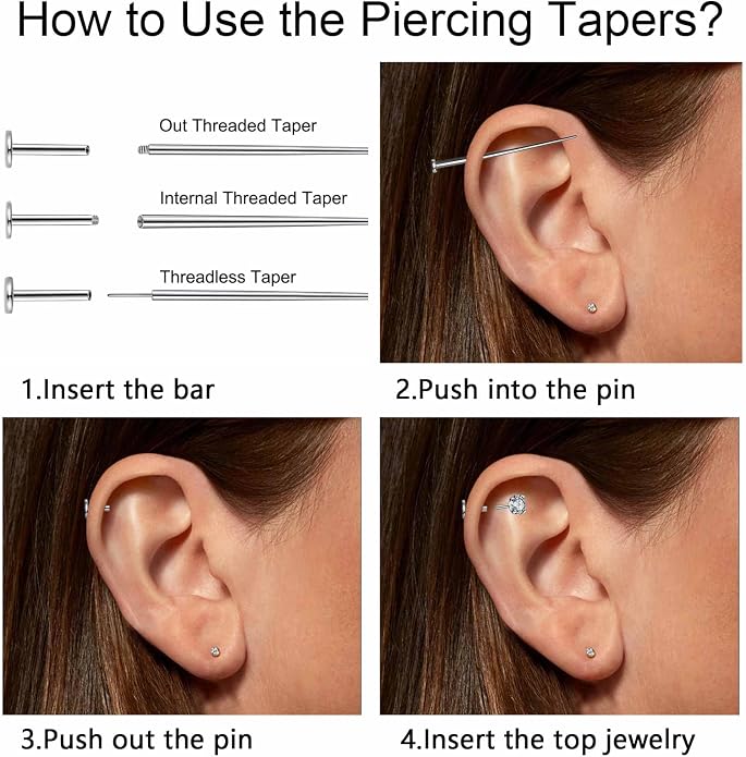 G23 Titanium Threadless Piercing Taper 16G/18G/20G Flat Back Earring Applicator Tool Insertion Pin for Push In Nose Lip Ear Tragus Helix Body Piercing Jewelry Stretcher Assistant Tool