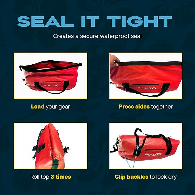 Malo’o Waterproof Dry Duffel, Heavy-Duty Roll Top Waterproof Gear Bag with Shoulder Strap & Molle Loops, Marine Duffel for Kayaking, Boating, Camping, Beach & Travel, Red, 100L