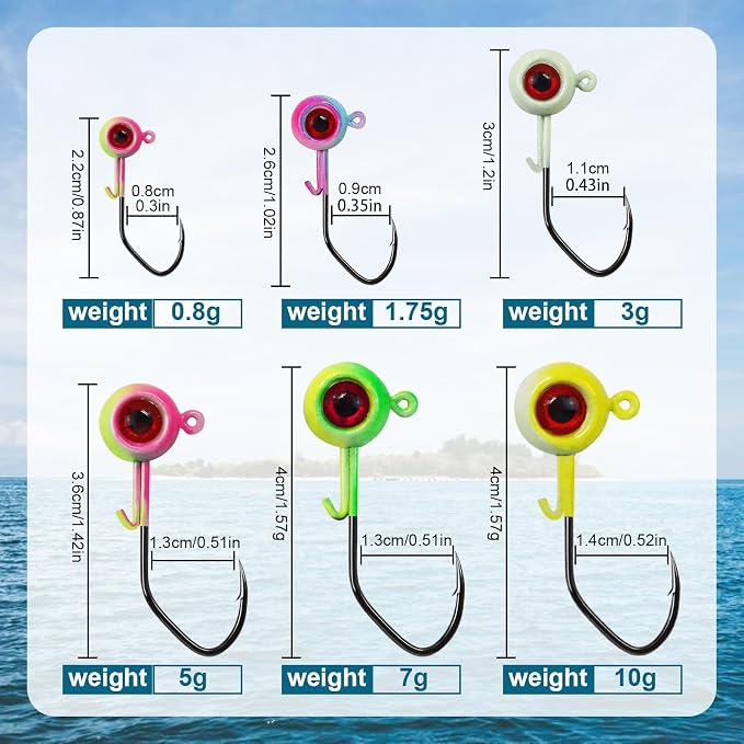 Painted Crappie Jig Heads 3D Eyes Fishing Hooks with Wire Keeper Lures for Crappie Panfish Bass Fishing Jig Hooks Assortment 1/16 oz 1/8 oz 3/16oz 3/8 oz 1/4 oz