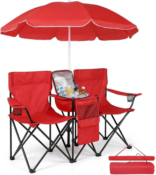 Portable Double Folding Picnic Chair with Removable Sun Umbrella and Cooler Bag, 2-Seat Outdoor Camping Chair with Cup Holders & Carrying Bag for Beach, Fishing, Patio, Red