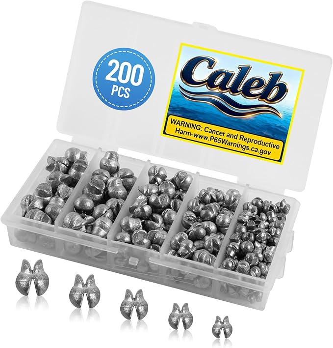 Caleb 200/320Pcs Split Shot Fishing Weights Sinkers, Removable Lead Fishing Weights, Premium Duckbill Reusable Fishing Sinkers for Freshwater Saltwater Bass Trout Fishing Accessories - 5/6 Sizes