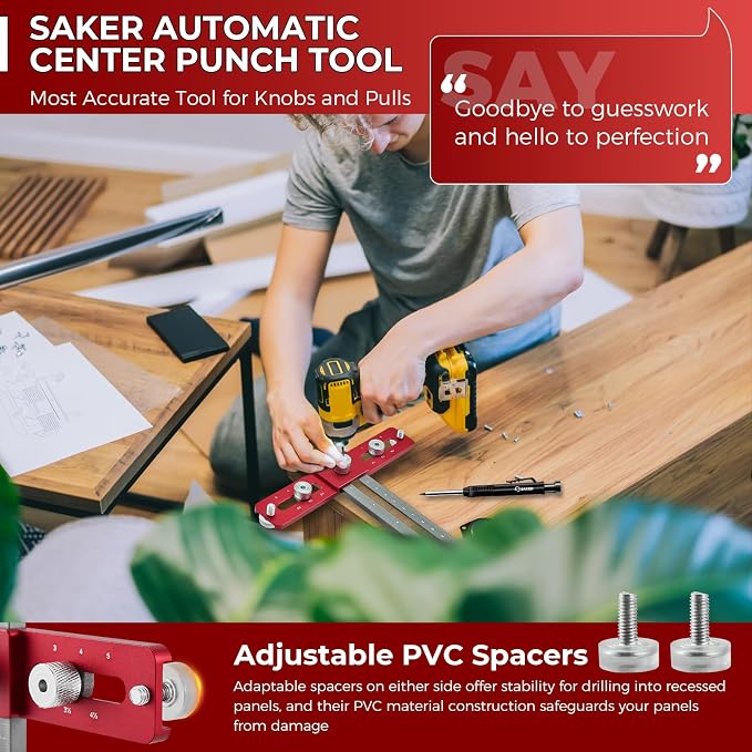 Saker Cabinet Hardware Doweling Jig - Cabinet Handle Template Tool for Knobs and Pull - Adjustable Self Centering Punch Locator Precise Woodworking Drill Guide (5" Jig Saw with pencil)