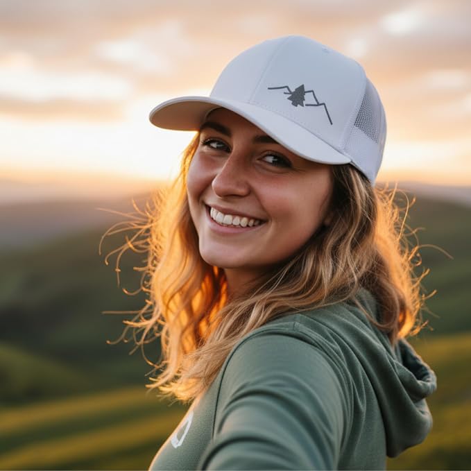 LINDO Trucker Hat [ Great Outdoors Design ] for Men and Women: Mid Profile Cap with Breathable Mesh Back and Adjustable Snap