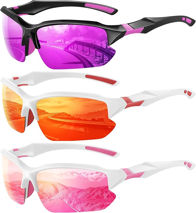 XVXV 3 Pack Polarized Sports Sunglasses for Men, UV Protection Half Frame Sunglasses Comfortable for Running Cycling Driving