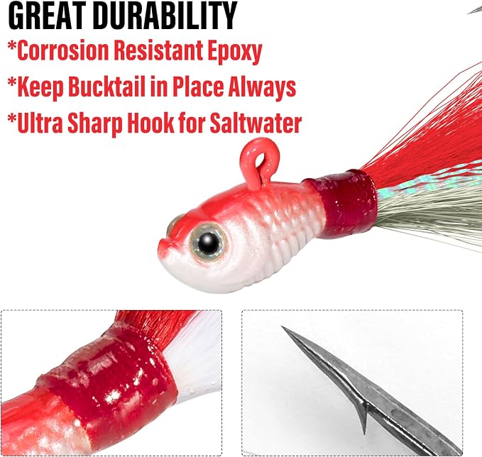 Dr.Fish 3 Pack Bucktail Jig Lure Hair Jig Saltwater Freshwater Lures Surf Fishing Bass Flounder Striper Bluefish Halibut Redfish