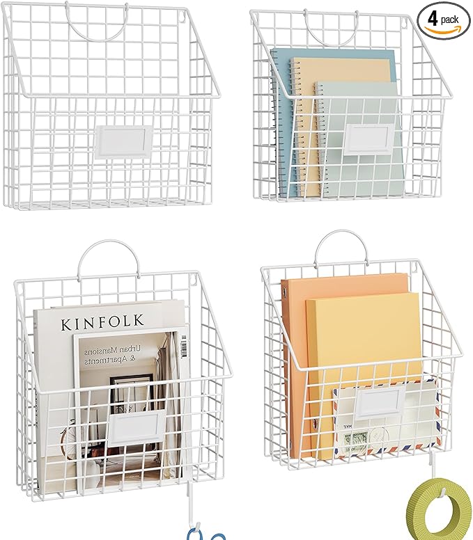 Wall File Organizer Metal Hanging File Organizer,Wall Mount File Holder, Magazine Rack and Mail Holder with Hooks for Home Office, 4 Packs, White(Patent Pending)