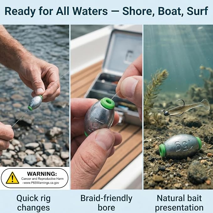 5size 36pcs/52pcs Egg Weights Kit – Slip Sinkers Assortment 1/8oz–1oz, Options, Fishing Weights Smooth Plastic‑Lined Large Bore, Partitioned Tackle Box, Fishing Weights for Shore & Boat