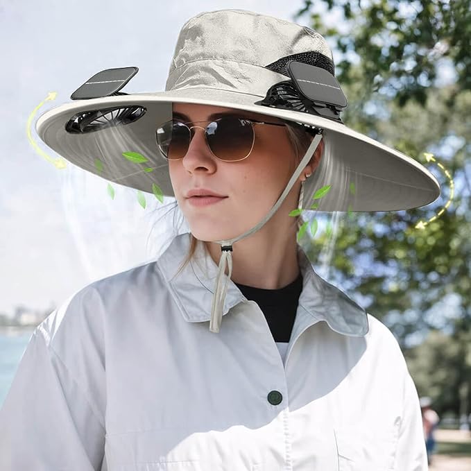 Solar Powered Fan Hat for Men Women Wide Brim Hat with 2 Fans UPF 50+ Outdoor Fishing Beach Sun Hat