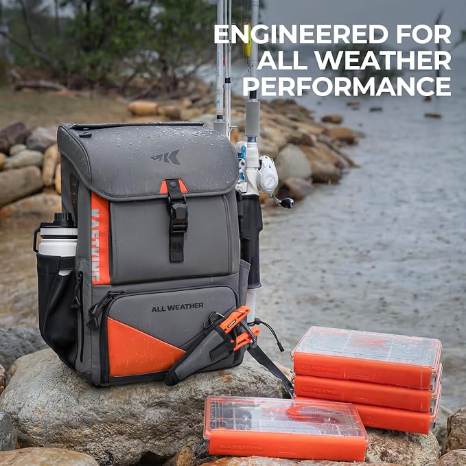 KastKing All Weather Fishing Tackle Backpack with 4 Waterproof Tackle Boxes & Removable Rod Holders,Waterproof ArmorShield Fabric Fishing Bag Storage Fishing Gear