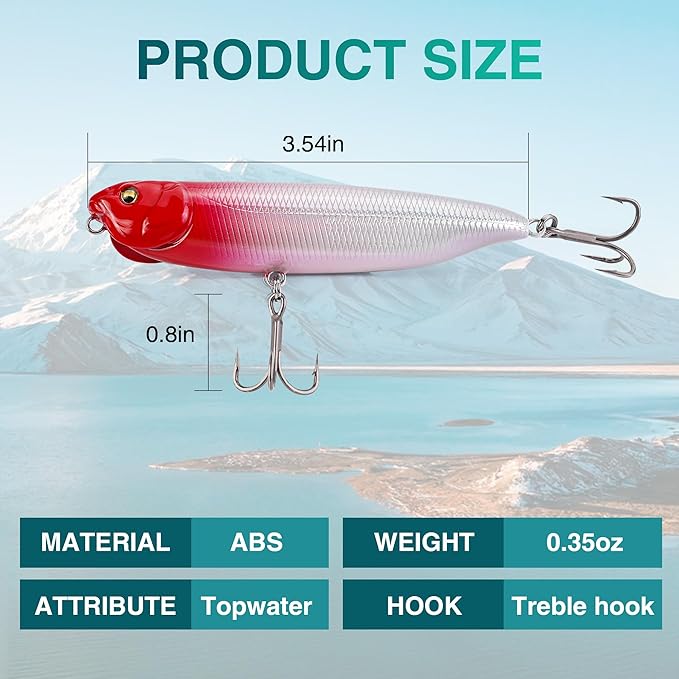 FLISSA 5PCS Top Water Fishing Lures Kits, Bass Fishing Lures for Freshwater & Saltwater, Realistic Hard Bait, Popper Fishing Lure with Treble Hooks for Trout, Bass, Salmon, Walleye Fishing