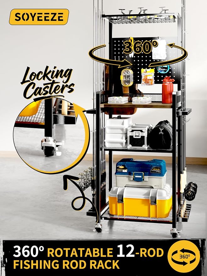SOYEEZE Fishing Rod Holders for Garage,Fishing Gear Holder for Fishing Rod Tackle Box Storage，Fishing Pole Holders for 12 Rods with Hooks and Pegboard,Fishing Cart with Reel Rack, Standard Size