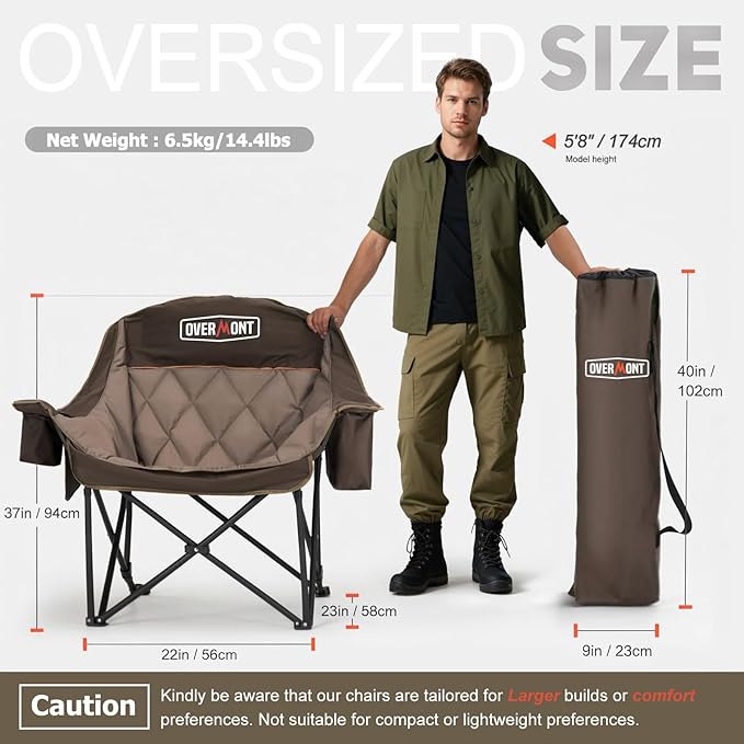 Overmont Oversized XL Camping Chair for Adults - 500lbs Support Heavy-Duty Padded Folding Chair with Side Pocket Cup Holder Cooling Bag for Outdoor Sports Garden Beach Fishing Lawn Khaki 2pcs