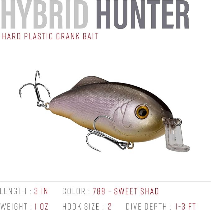 Strike King Hybrid Hunter Shallow Jr. Fishing Lure, Shallow Diving Crankbait, 90-Degree Bill, 3D Eyes, Loud Rattle, Dives 1 to 3-Feet,Size 4 & 6 Treble Hooks