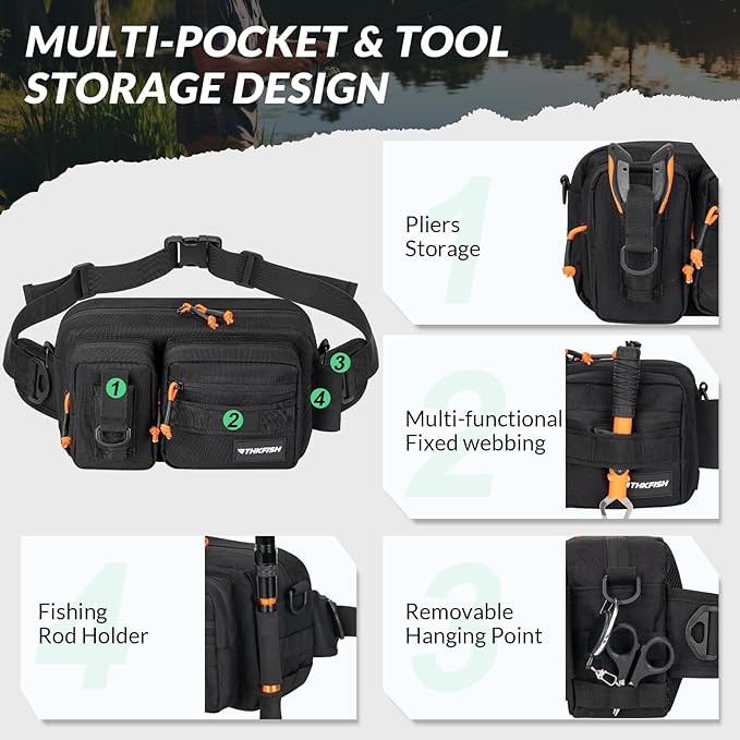 THKFISH Fishing Waist Pack - Waterproof Fanny Pack for Women & Men - Portable Sling Bag for Outdoor & Fly Fishing (BLACK-LARGE)