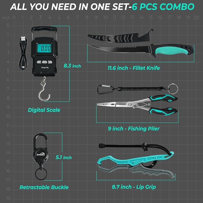 Jenseits Fishing Tool Kit, Fish Gripper, Fishing Pliers, Digital Fish Scale, Fillet Knife, Hook Remover & Fishing Accessories Set, Freshwater Saltwater Fishing Gear, Fishing Gifts for Men Angler