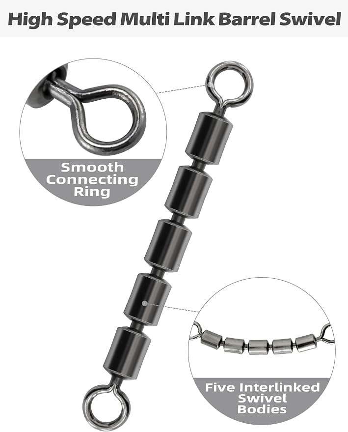 BLUEWING Fishing Barrel Swivels 84lbs/126lbs/209lbs High Speed Multi Link 5 Roller Chain Fishing Swivels Leader Lure Connectors Saltwater Freshwater Tackle, 10pcs