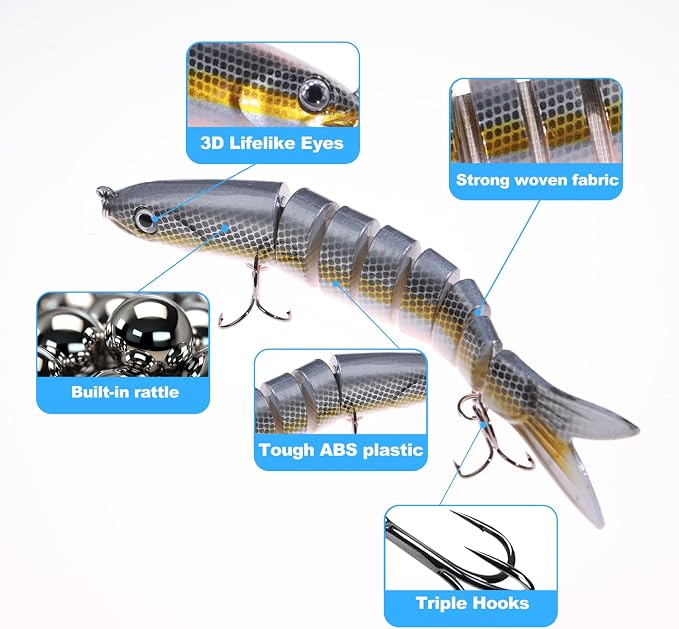 Bass Fishing Lures, Jointed Swimbait Glide Bait for Bass, Trout & Pike – Lifelike Fishing Lure with 3D Eyes, Built-in Rattle Chamber, Triple Hook – Realistic Fishing Lures for Freshwater & Saltwater