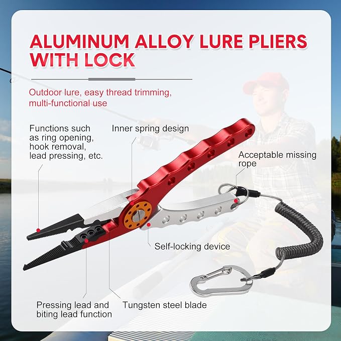 Lasnten 2 Pcs Fishing Pliers Saltwater Braid Cutters 7.8'' Fishing Hook Remover Split Ring Fishing Tools with Sheath and Lanyard Gear Gifts for Fish Line Cutting Boat Fly Ice Fishing (Red, Silver)