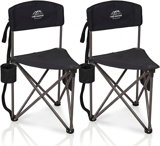 2 Pack Folding Camping Tripod Stool with Backrest & Cup Holder, Lightweight Portable Outdoor Chairs for Adults, Compact 3-Leg Seat for Fishing, Hunting, Hiking & Travel w/Bag - Black