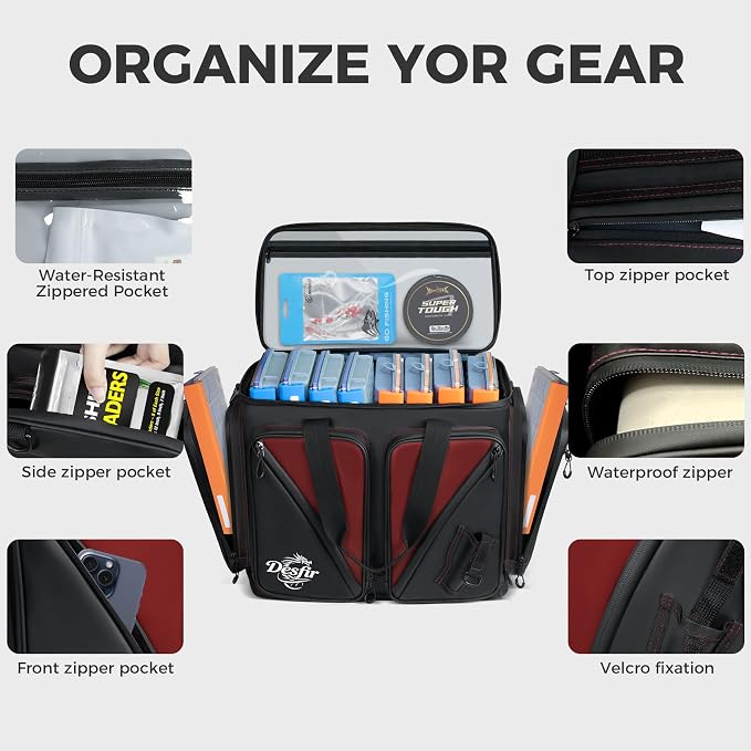 Handor Waterproof Fishing Tackle Bag, Large Saltwater Resistant Storage, 1000D PVC Material, Holds 3600 3700 Trays (Black and Red, Medium Bag)