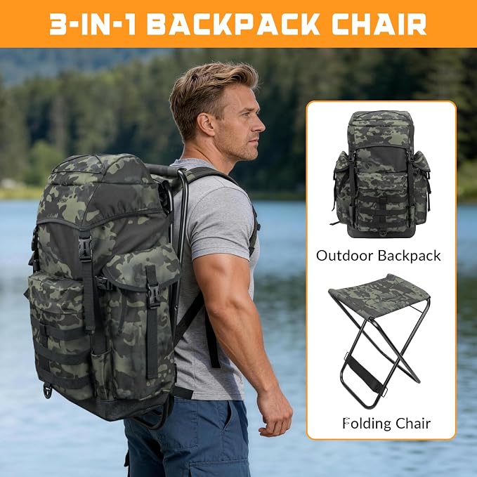 THKFISH Fishing Hunting Backpack Chair with Rod Holder, 35L Large Capacity Storage Tackle Box Foldable Backpack Stool for Adults Fishings, Camping and Hunting