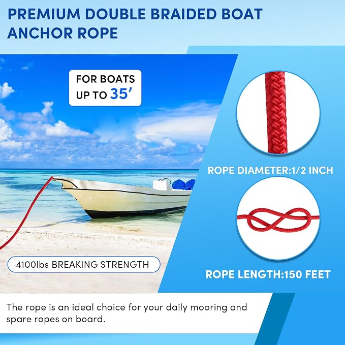 Boat Anchor Rope 150 ft x 1/2 inch Red, Double Braided Anchor Line with Stainless Steel Thimble & Shackle, Marine Rope Ideal for Towing, Mooring, Decks, Anchoring, for Boats Up to 35'