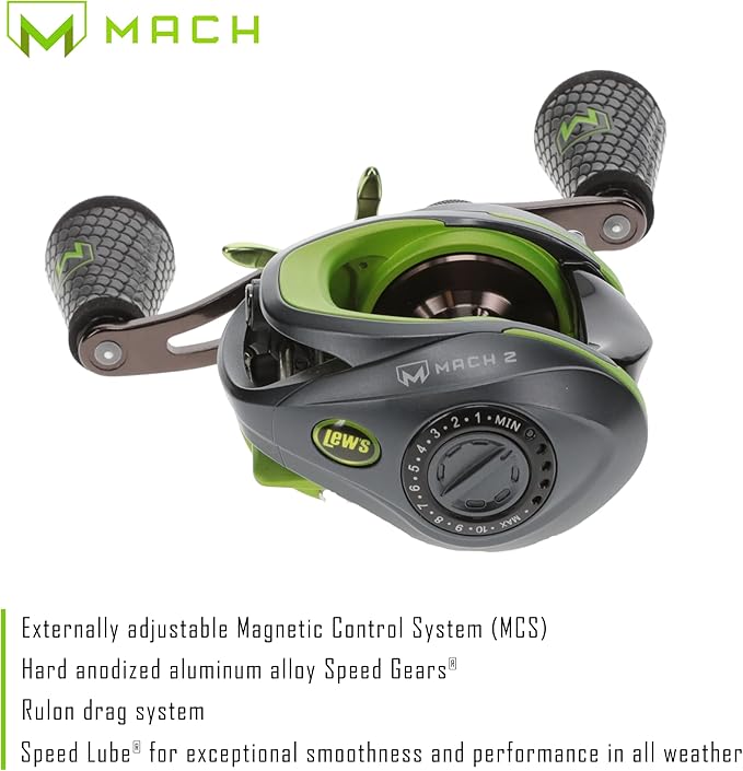 Lew's MACH 2 Baitcast Fishing Reel, 7.5:1 Gear Ratio, Graphite Frame, Premium 10 Bearing System, Black/Green