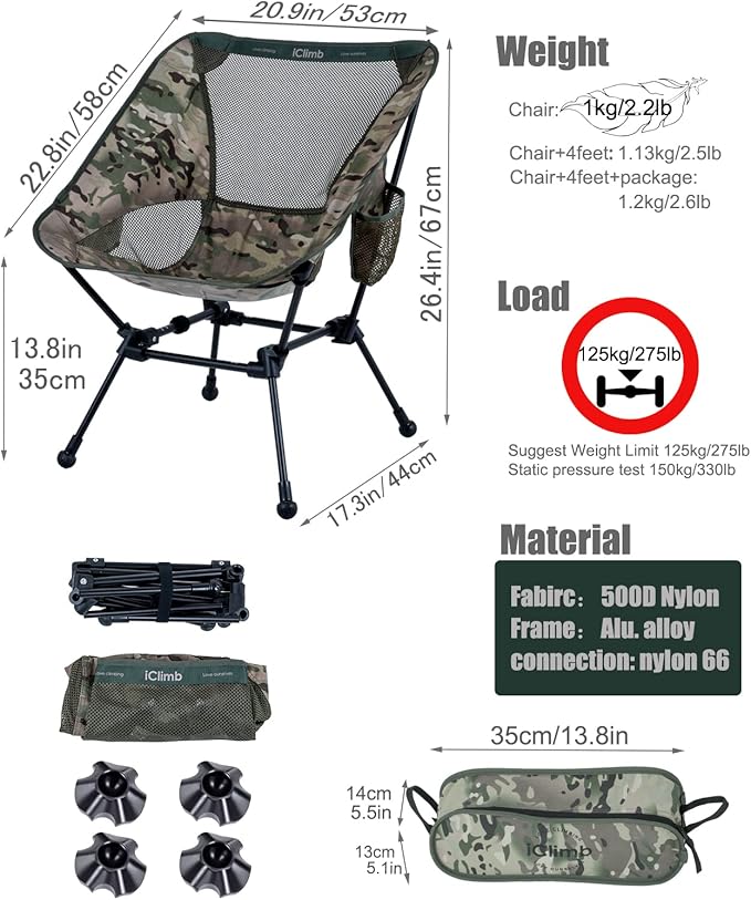 iClimb Ultralight Compact Camping Folding Beach Chair with Anti-Sinking Large Feet and Back Support Webbing (Woodland - Square Frame)