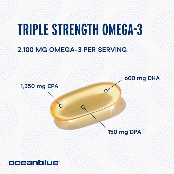 Oceanblue Professional Omega-3 2100 – Triple Strength DPA EPA DHA Omega 3 Supplement – High Potency Burpless Wild Caught Fish Oil – Orange Flavor, 120 Softgels (60 Servings)