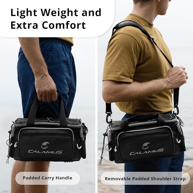 Calamus Fishing Tackle Bags - Saltwater & Freshwater Fishing Bags - Rip-Stop PE - Padded Shoulder Strap - Pliers Storage - Black
