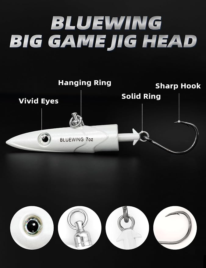 BLUEWING Jig Heads Saltwater 2oz,3oz,4oz,5oz,6oz,7oz Swimming Jigheads 1pc with High Carbon Steel Swing Hook and 6in/9in Replacement Tail Big Game Fishing Lures