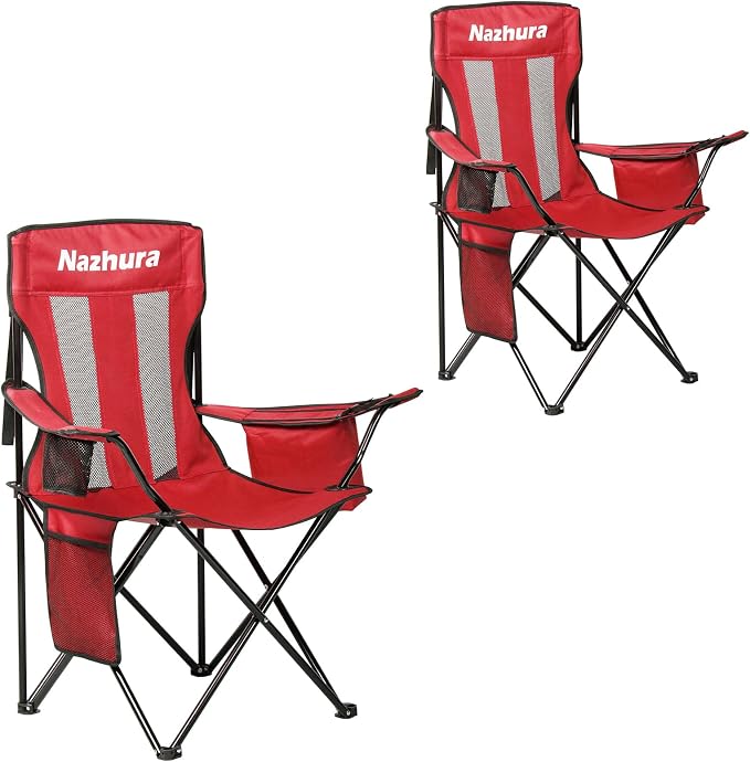 Nazhura 2 Pack Outdoor Camping Chairs Folding/Foldable/Portable with Cooler Pouch, Mesh Backrest and Cup Holder Pocket(Red, 2 Pack)