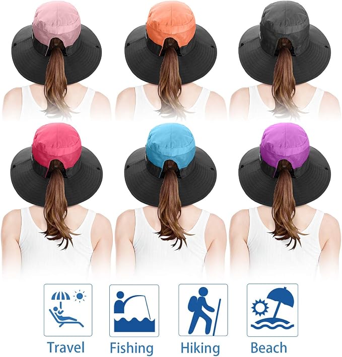 6 Pieces Womens Ponytail Wide Brim Sun Hat Packable UV Protection Beach Cap for Fishing & Hiking