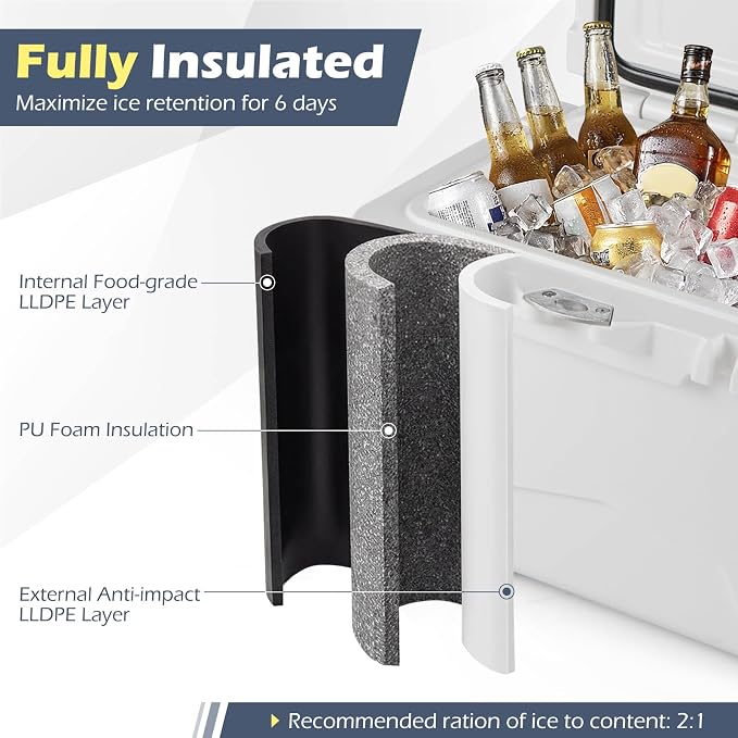 Goplus Hard Cooler, Insulated Ice Chest w/Portable Handles, Cup Holders, Ruler, Bottle Opener, 6 Day Ice Retention for Drink, Beverage, Camping, Fishing, Beach