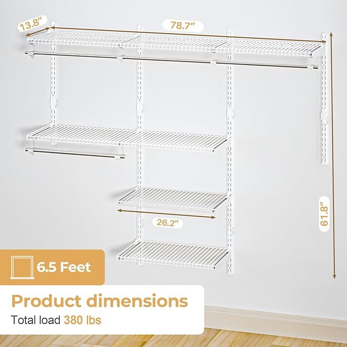 Wire Closet Organizer System, Wall Mounted 6.5 Ft. Custom Closet Kit for Bedrooms, Adjustable Storage Shelves for Clothes, Shoes, and Handbags