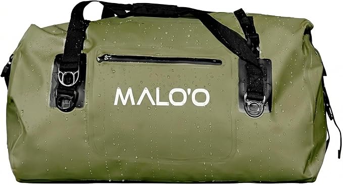 Malo’o Waterproof Dry Duffel, Heavy-Duty Roll Top Waterproof Gear Bag with Shoulder Strap & Molle Loops, Marine Duffel for Kayaking, Boating, Camping, Beach & Travel, Dark Green, 40L